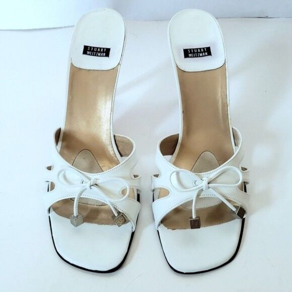 Stuart Weitzman White Slides Sandals With Bow and Box Size 10. NWOT - Picture 1 of 11